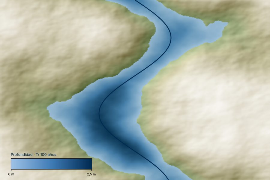 Mapa de profundidades de inundación a lo largo de un río